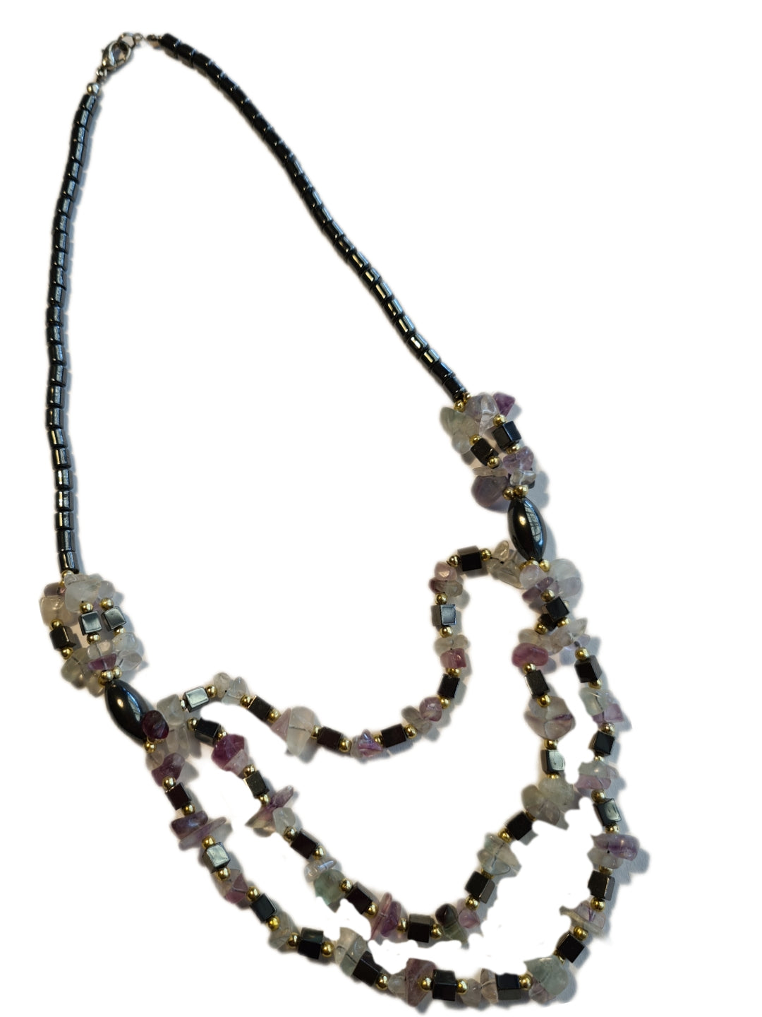 Necklace Fluorite & Hematite Tumbled Beads, Genuine